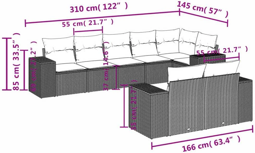 Lauko baldų komplektas Sofos komplektas su pagalvėlėmis, 8 dalių, smėlio, poliratanas