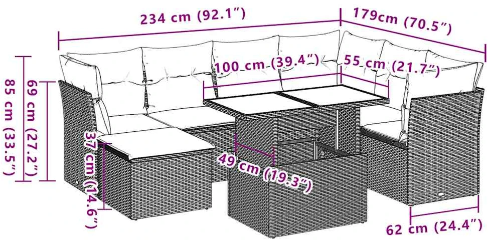 Lauko baldų komplektas Sofos komplektas su pagalvėlėmis, 8 dalių, juodas, poliratanas