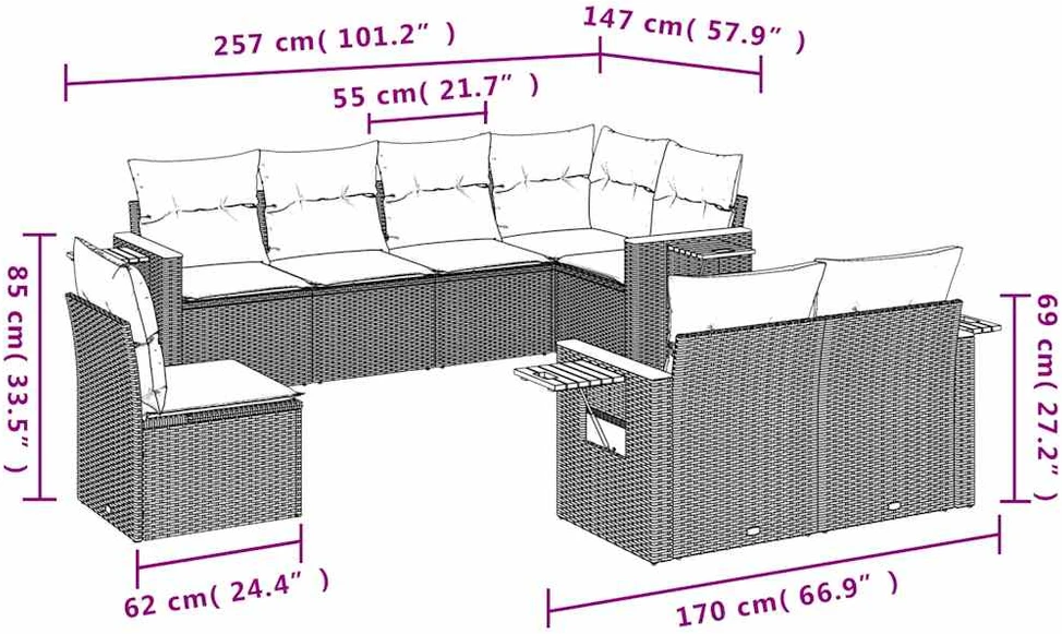 Sofos komplektas su pagalvėlėmis, 8 dalių, juodas, poliratanas