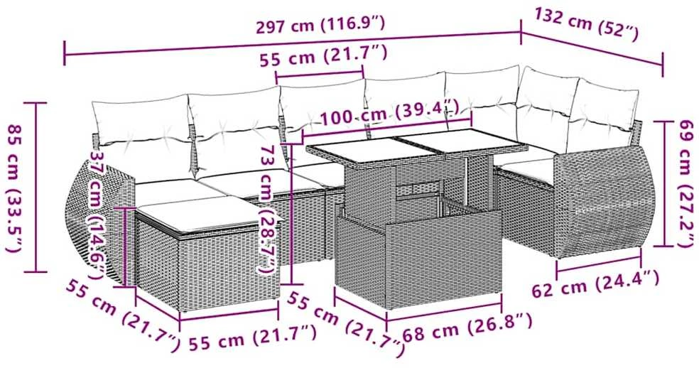 Lauko baldų komplektas Sofos komplektas su pagalvėlėmis, 8 dalių, juodas, poliratanas