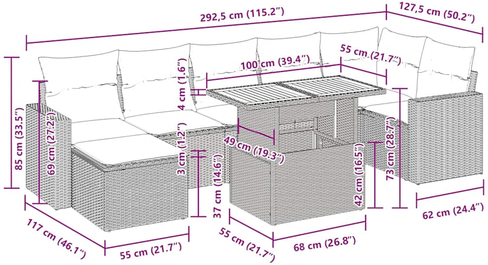 Lauko baldų komplektas Sofos komplektas su pagalvėlėmis, 8 dalių, juodas, poliratanas