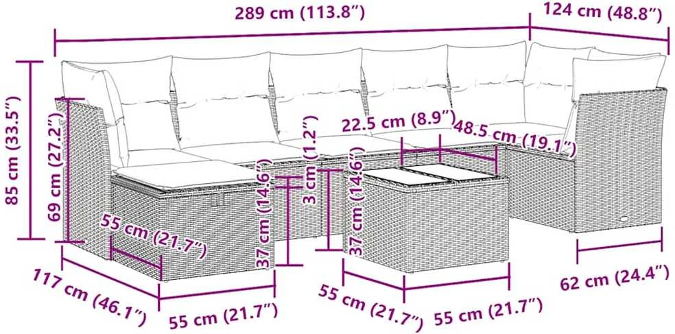 Sofos komplektas su pagalvėlėmis, 8 dalių, smėlio, poliratanas