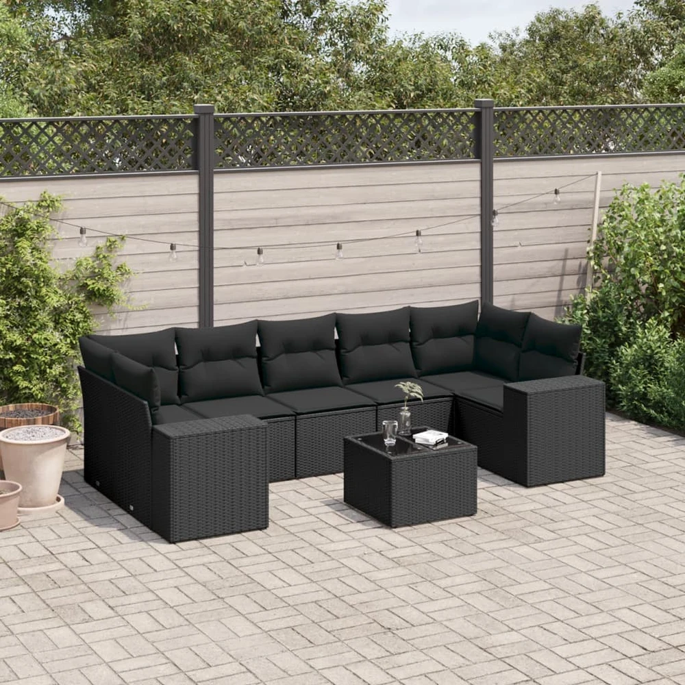 Sofa Sofos komplektas su pagalvėlėmis, 8 dalių, juodas, poliratanas