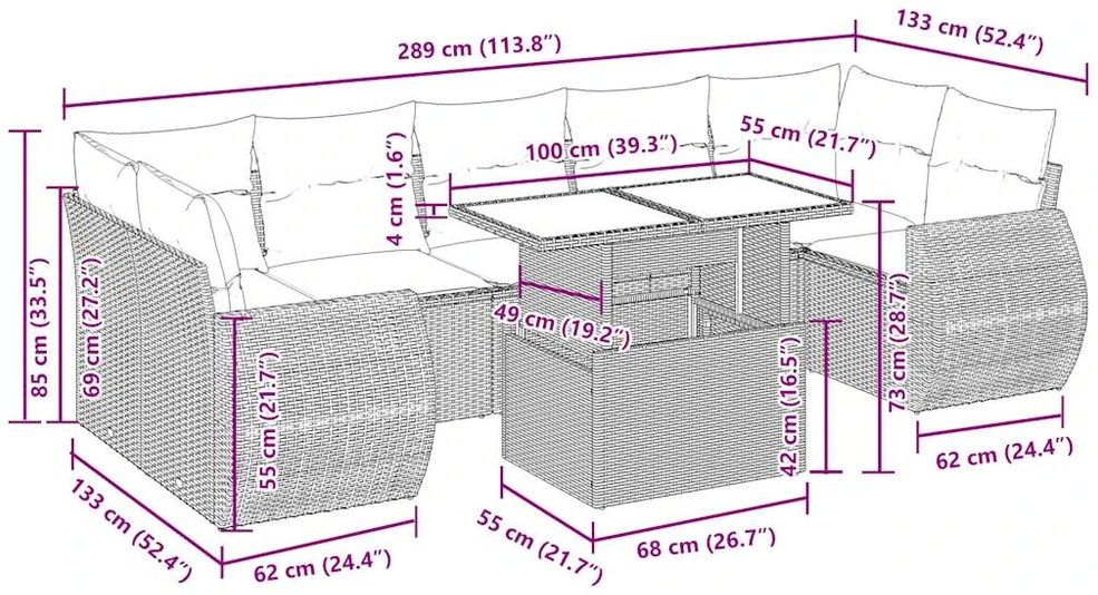 Lauko baldų komplektas Sofos komplektas su pagalvėlėmis, 8 dalių, juodas, poliratanas