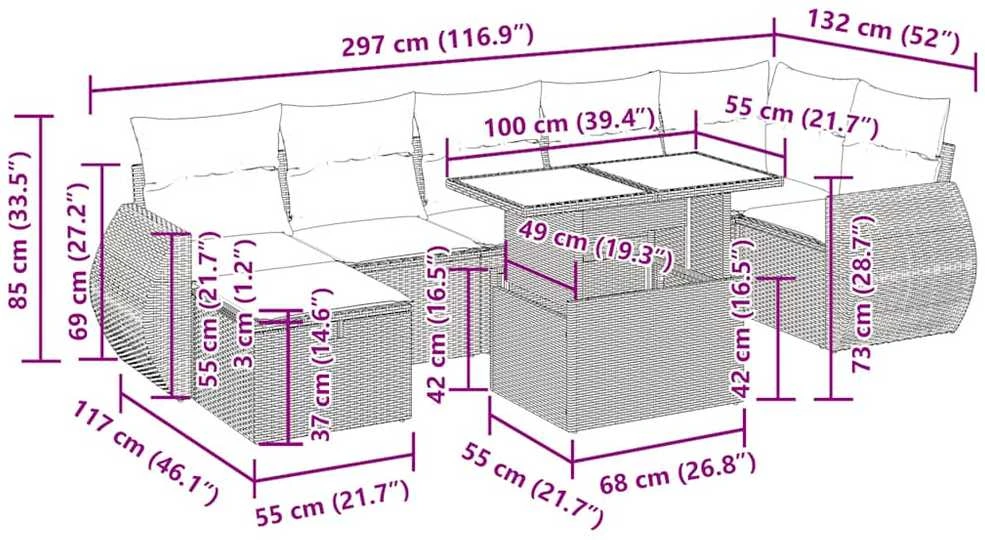 Lauko baldų komplektas Sofos komplektas su pagalvėlėmis, 8 dalių, smėlio, poliratanas
