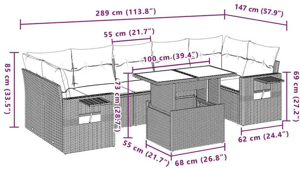 Lauko baldų komplektas Sofos komplektas su pagalvėlėmis, 8 dalių, juodas, poliratanas