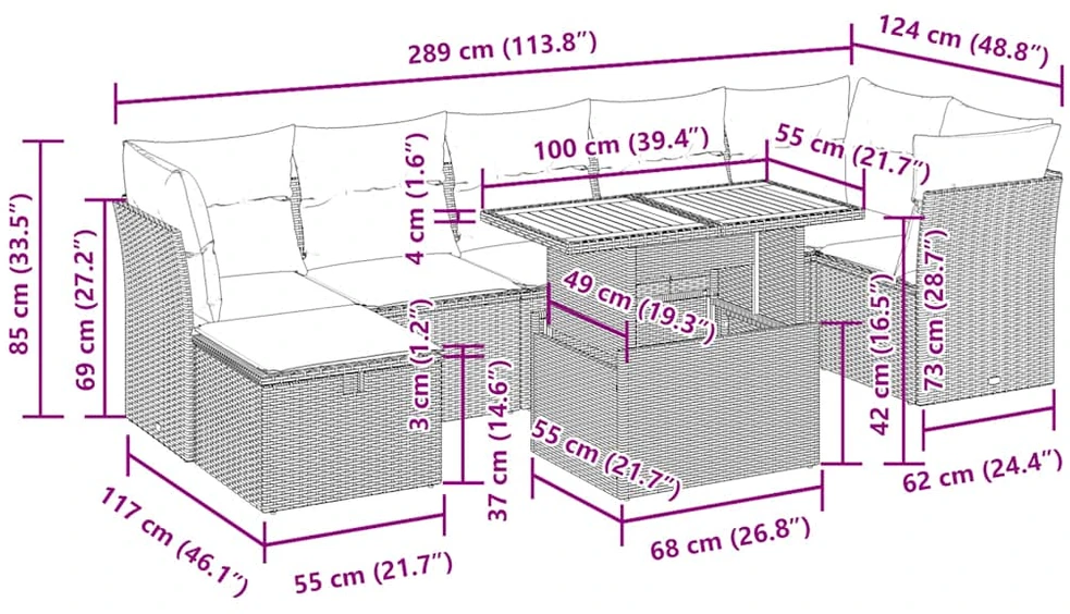 Lauko baldų komplektas Sofos komplektas su pagalvėlėmis, 8 dalių, poliratanas/akacija