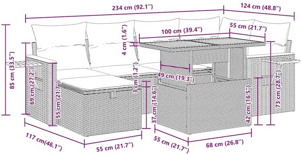 Lauko baldų komplektas Sofos komplektas su pagalvėlėmis, 8 dalių, juodas, poliratanas