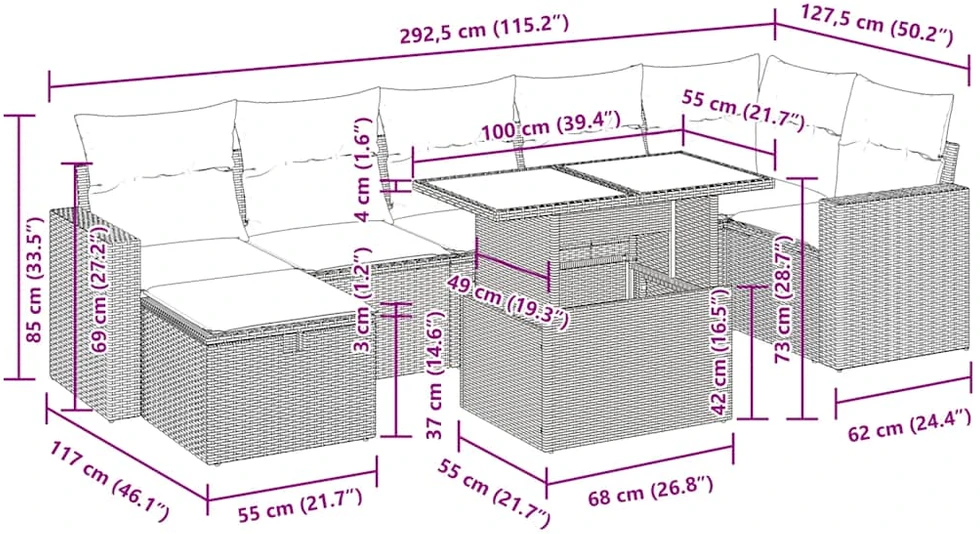 Lauko baldų komplektas Sofos komplektas su pagalvėlėmis, 8 dalių, smėlio, poliratanas