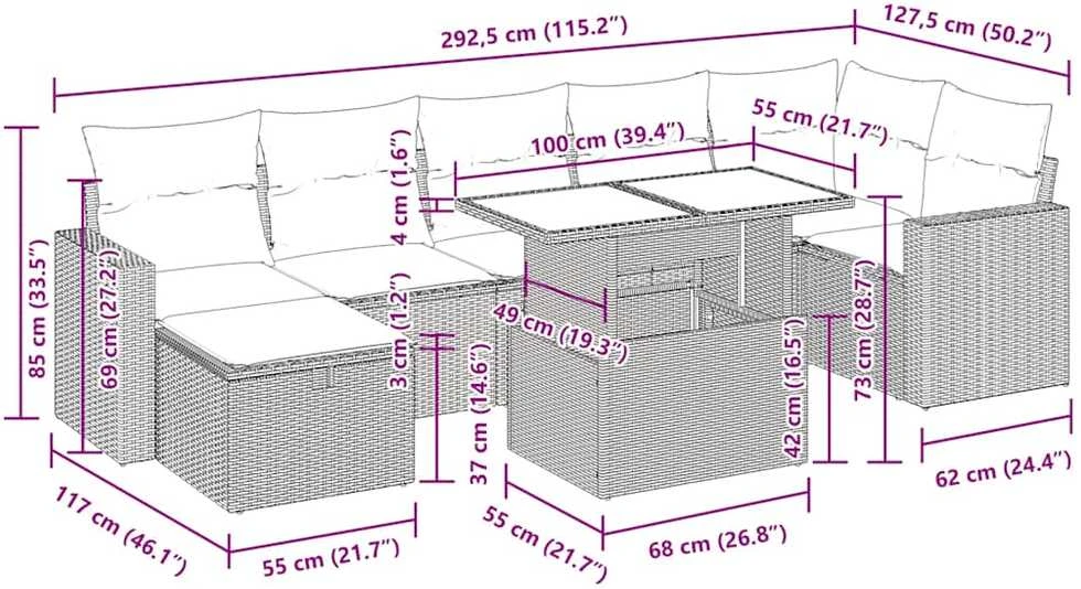 Lauko baldų komplektas Sofos komplektas su pagalvėlėmis, 8 dalių, smėlio, poliratanas