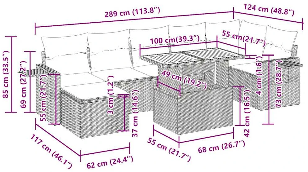 Sofos komplektas su pagalvėlėmis, 8 dalių, juodas, poliratanas