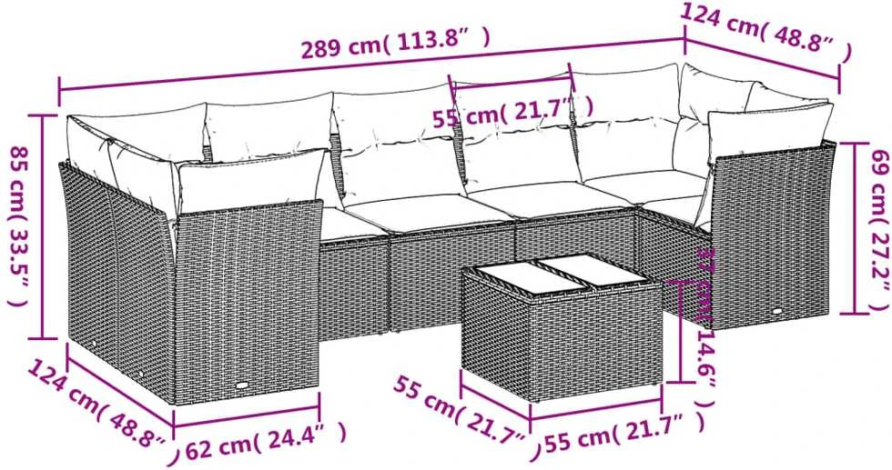 Lauko baldų komplektas Sofos komplektas su pagalvėlėmis, 8 dalių, juodas, poliratanas