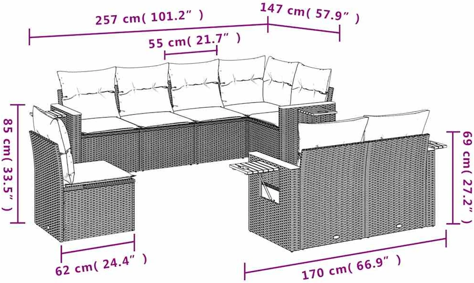Lauko baldų komplektas Sofos komplektas su pagalvėlėmis, 8 dalių, juodas, poliratanas