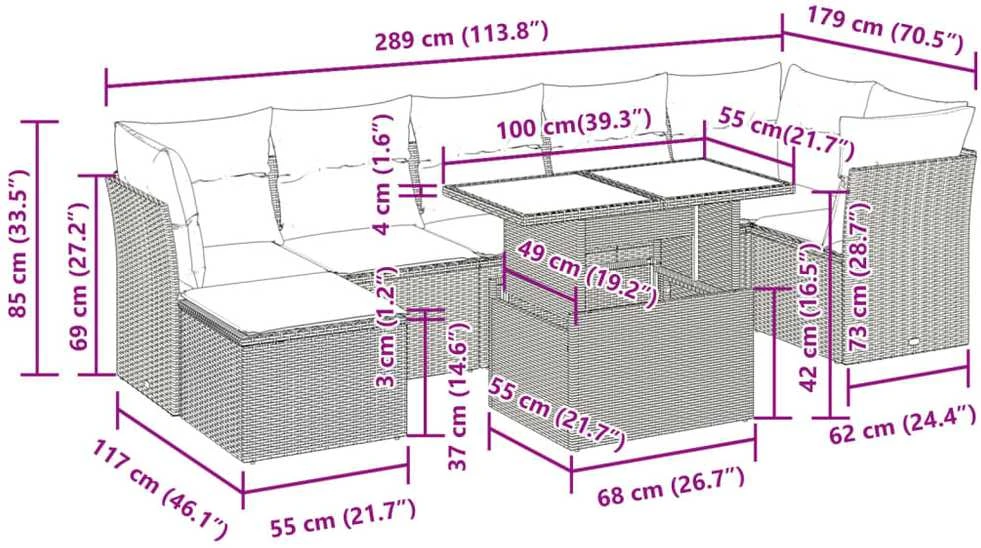 Lauko baldų komplektas Sofos komplektas su pagalvėlėmis, 8 dalių, juodas, poliratanas