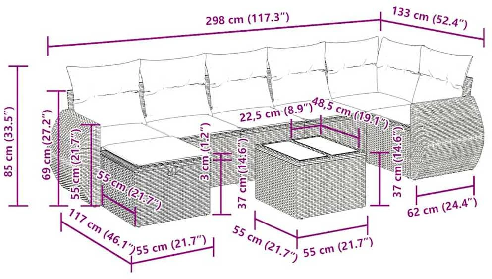 Sofos komplektas su pagalvėlėmis, 8 dalių, juodas, poliratanas