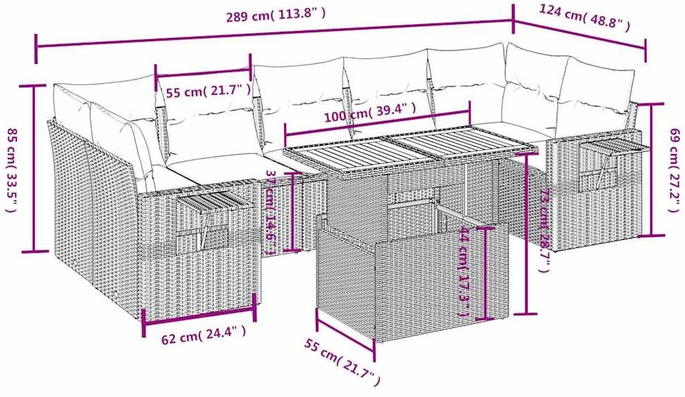 Lauko baldų komplektas Sofos komplektas su pagalvėlėmis, 8 dalių, juodas, poliratanas