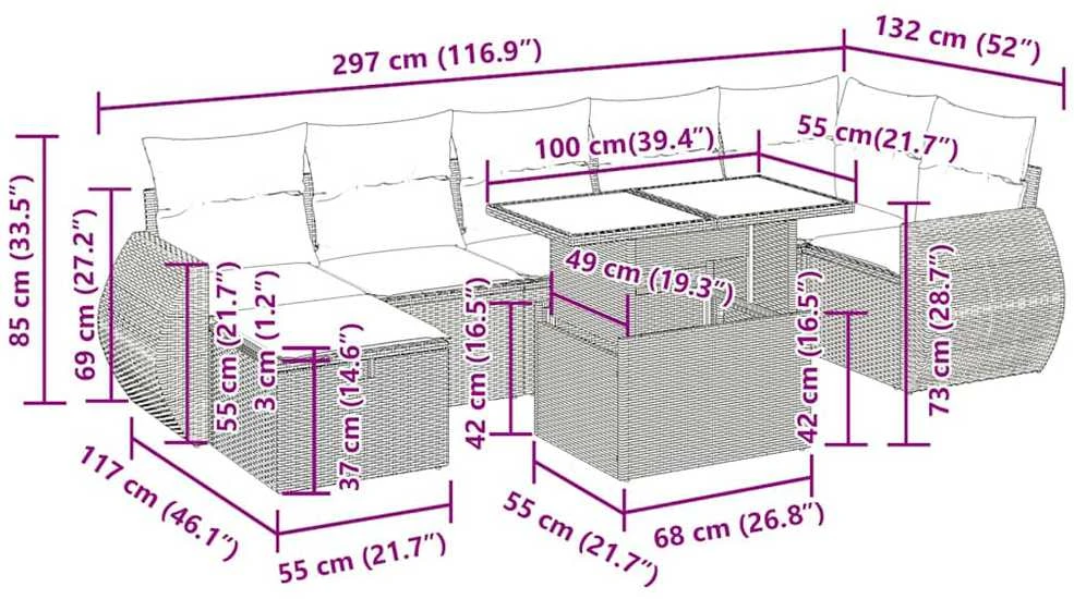 Sofos komplektas su pagalvėlėmis, 8 dalių, smėlio, poliratanas