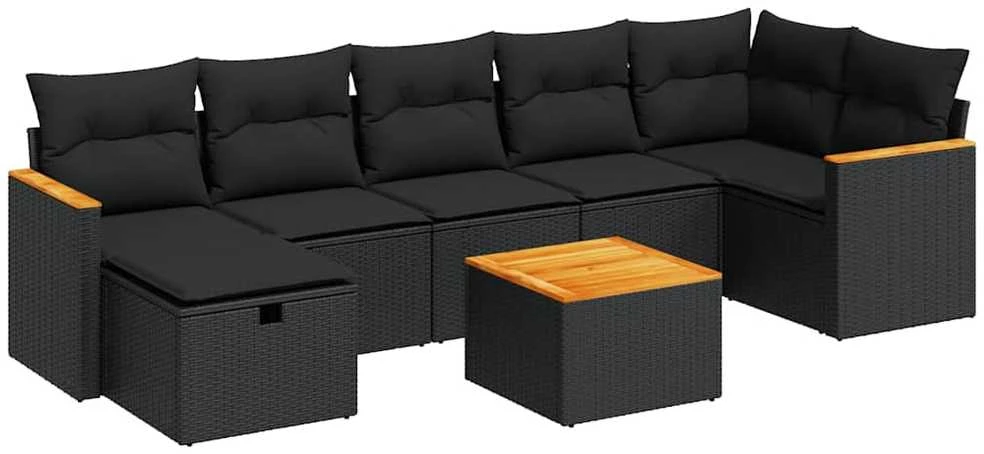 Lauko baldų komplektas Sofos komplektas su pagalvėlėmis, 8 dalių, juodas, poliratanas