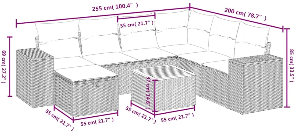 Sofa Sofos komplektas su pagalvėlėmis, 8 dalių, juodas, poliratanas
