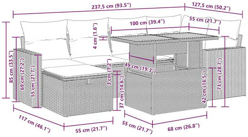 Lauko baldų komplektas Sofos komplektas su pagalvėlėmis, 8 dalių, poliratanas/akacija