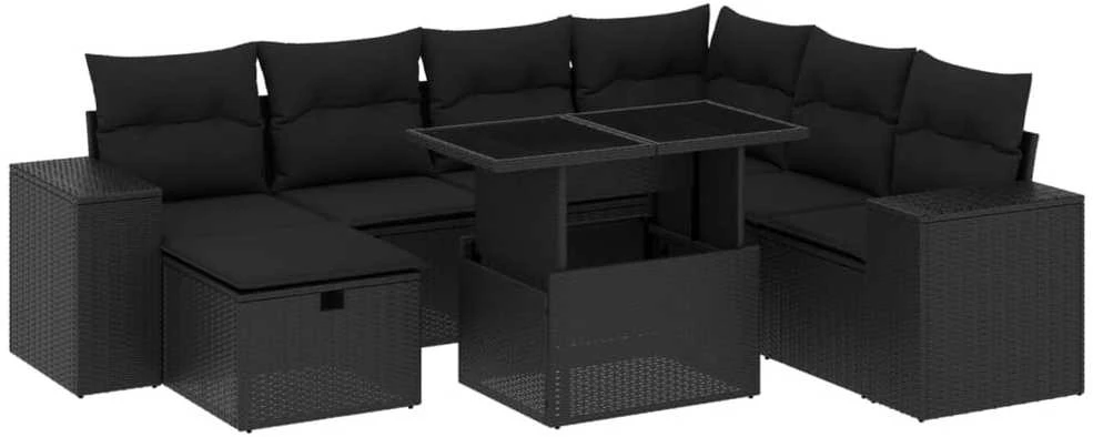 Lauko baldų komplektas Sofos komplektas su pagalvėlėmis, 8 dalių, juodas, poliratanas