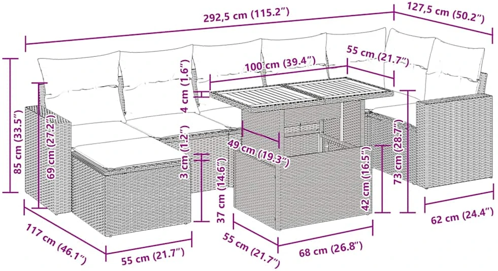 Lauko baldų komplektas Sofos komplektas su pagalvėlėmis, 8 dalių, juodas, poliratanas