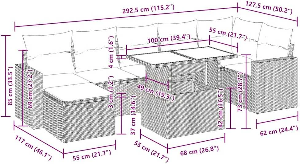 Lauko baldų komplektas Sofos komplektas su pagalvėlėmis, 8 dalių, juodas, poliratanas