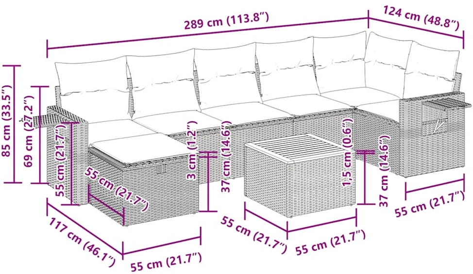 Sofos komplektas su pagalvėlėmis, 8 dalių, juodas, poliratanas