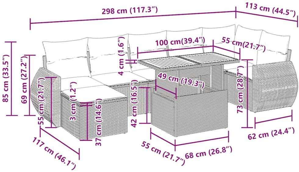 Lauko baldų komplektas Sofos komplektas su pagalvėlėmis, 8 dalių, juodas, poliratanas