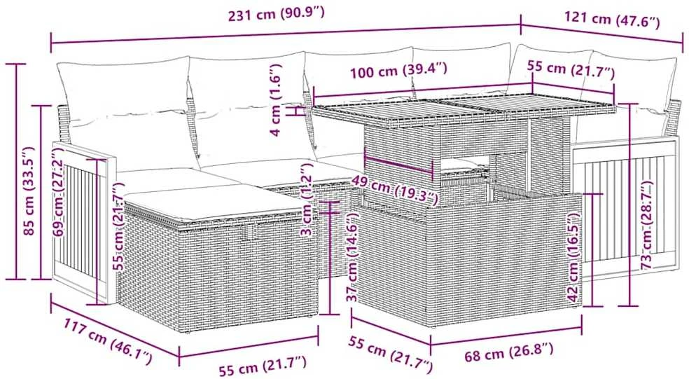 Lauko baldų komplektas Sofos komplektas su pagalvėlėmis, 8 dalių, juodas, poliratanas