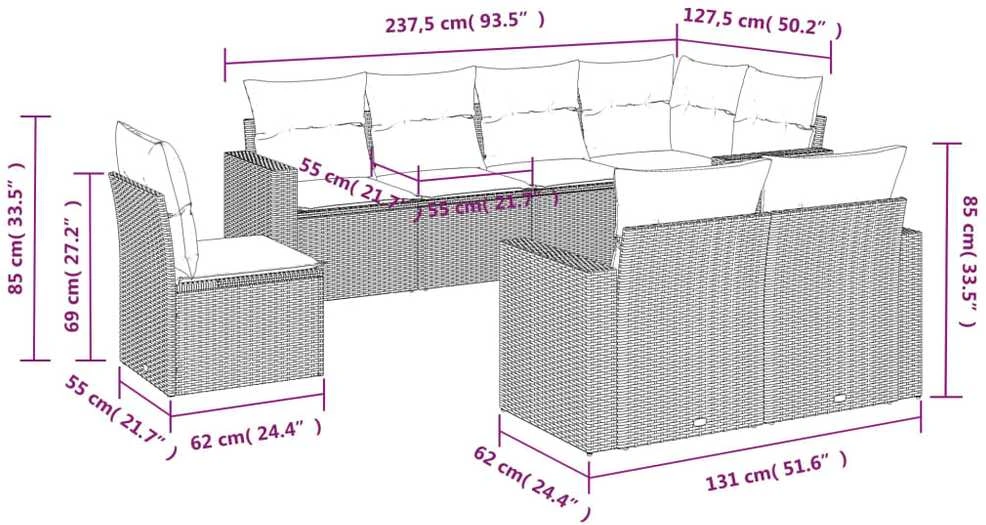 Lauko baldų komplektas Sofos komplektas su pagalvėlėmis, 8 dalių, juodas, poliratanas