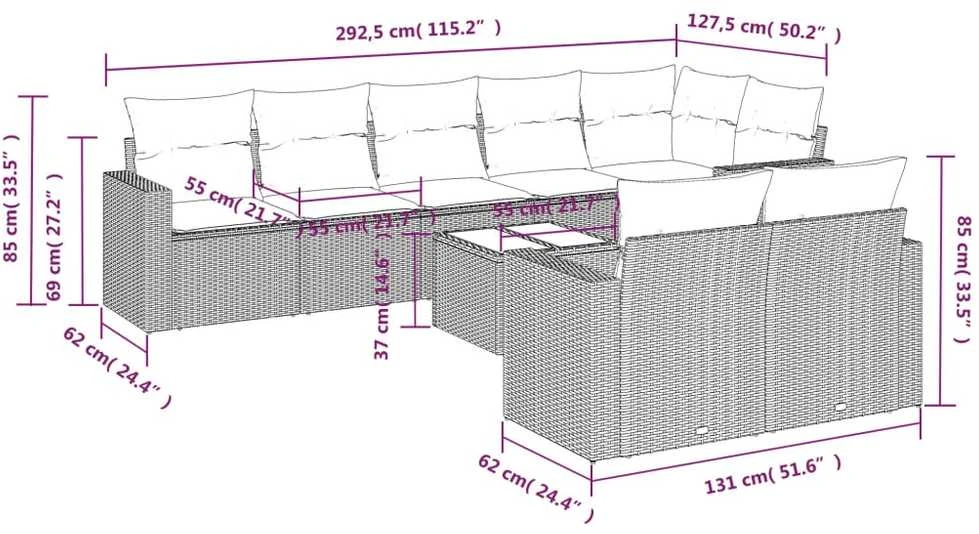 Sofa Sofos komplektas su pagalvėlėmis, 9 dalių, pilkas, poliratanas