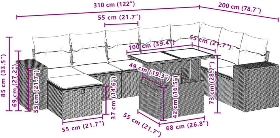 Sofa Sofos komplektas su pagalvėlėmis, 9 dalių, pilkas, poliratanas