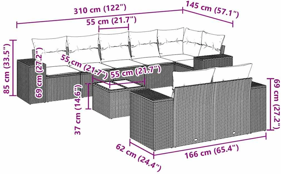 Sofa Sofos komplektas su pagalvėlėmis, 9 dalių, pilkas, poliratanas