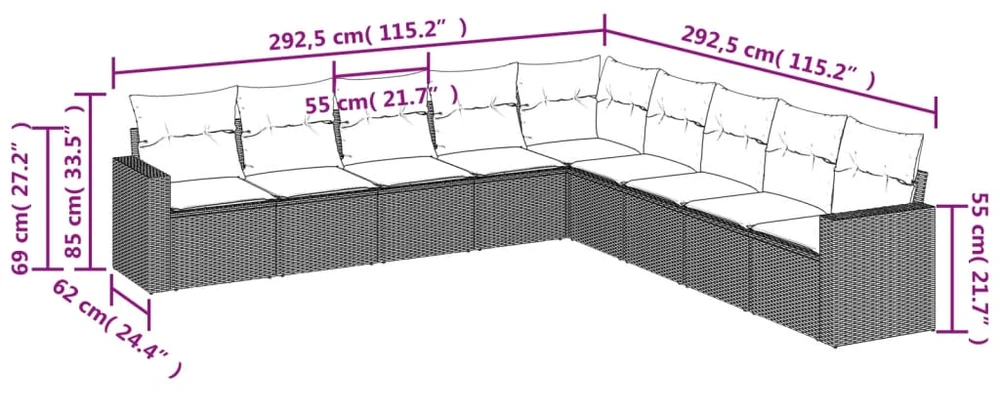 Sofa Sofos komplektas su pagalvėlėmis, 9 dalių, pilkas, poliratanas