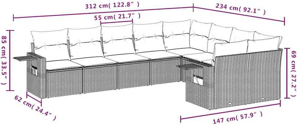 Sofa Sofos komplektas su pagalvėlėmis, 9 dalių, pilkas, poliratanas