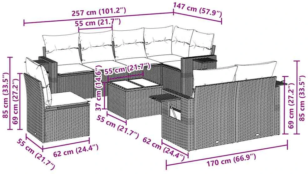 Sofa Sofos komplektas su pagalvėlėmis, 9 dalių, pilkas, poliratanas