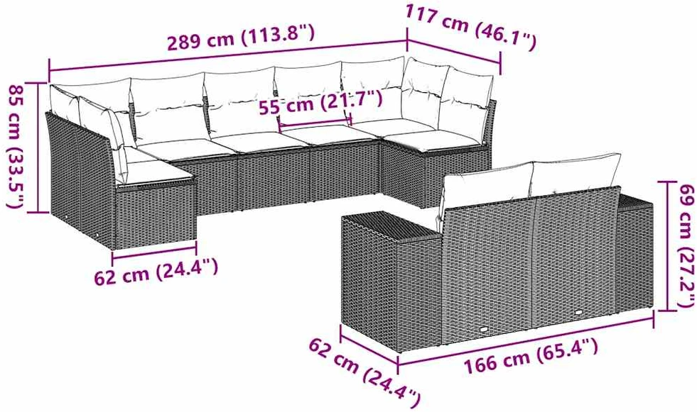 Sofa Sofos komplektas su pagalvėlėmis, 9 dalių, pilkas, poliratanas