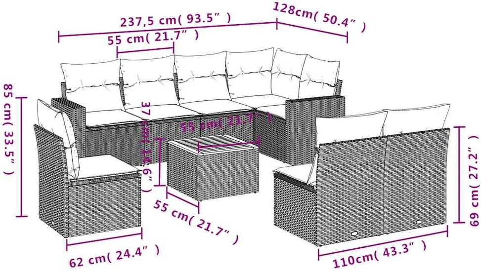 Sofos komplektas su pagalvėlėmis, 9 dalių, pilkas, poliratanas