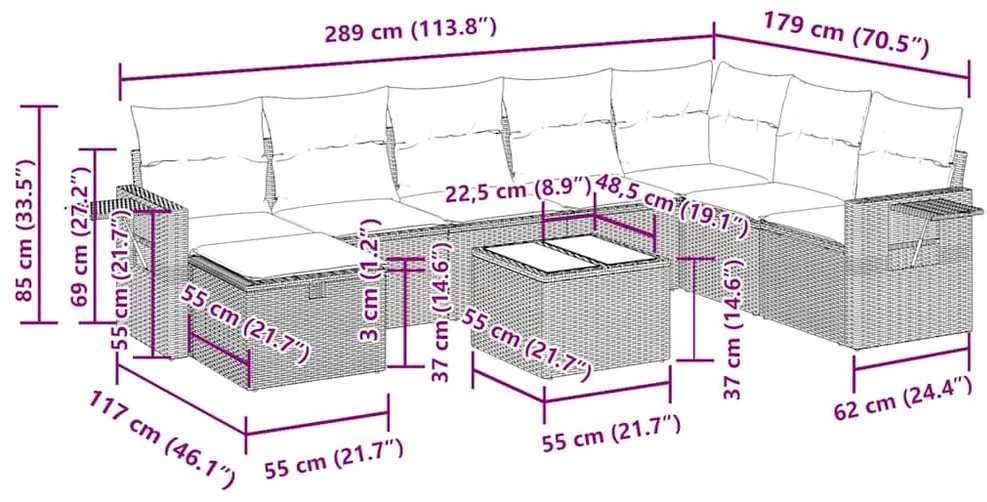 Sofos komplektas su pagalvėlėmis, 9 dalių, pilkas, poliratanas