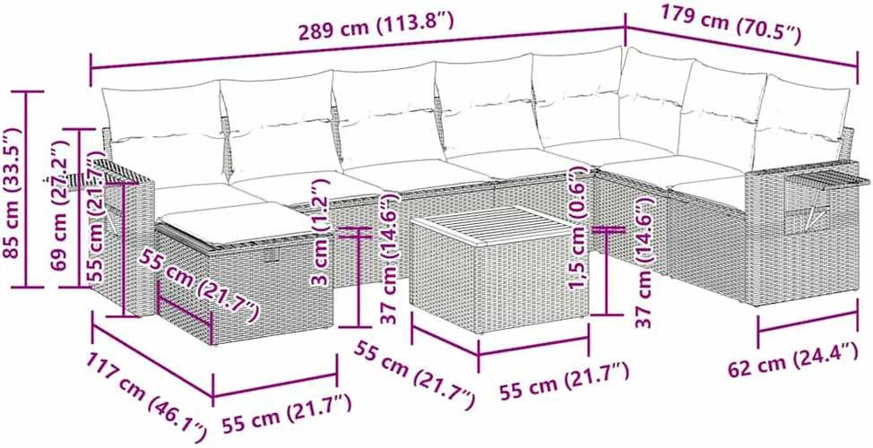 Lauko baldų komplektas Sofos komplektas su pagalvėlėmis, 9 dalių, pilkas, poliratanas