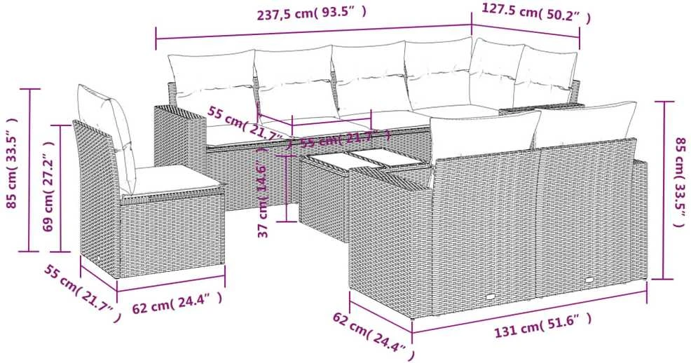 Lauko baldų komplektas Sofos komplektas su pagalvėlėmis, 9 dalių, pilkas, poliratanas