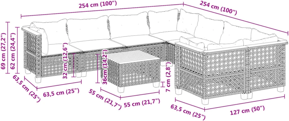 Lauko baldų komplektas Sofos komplektas su pagalvėlėmis, 9 dalių, pilkas, poliratanas