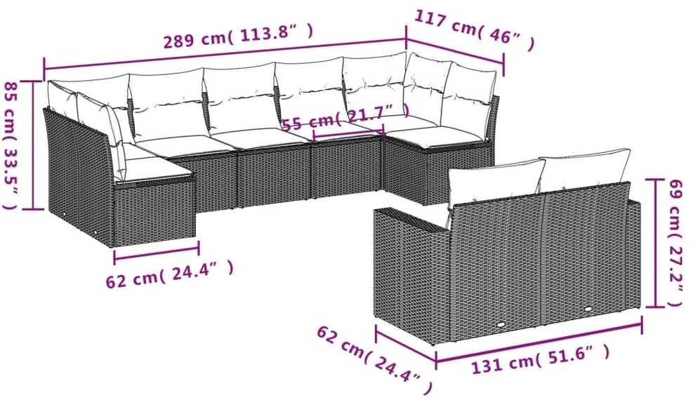 Sofa Sofos komplektas su pagalvėlėmis, 9 dalių, pilkas, poliratanas