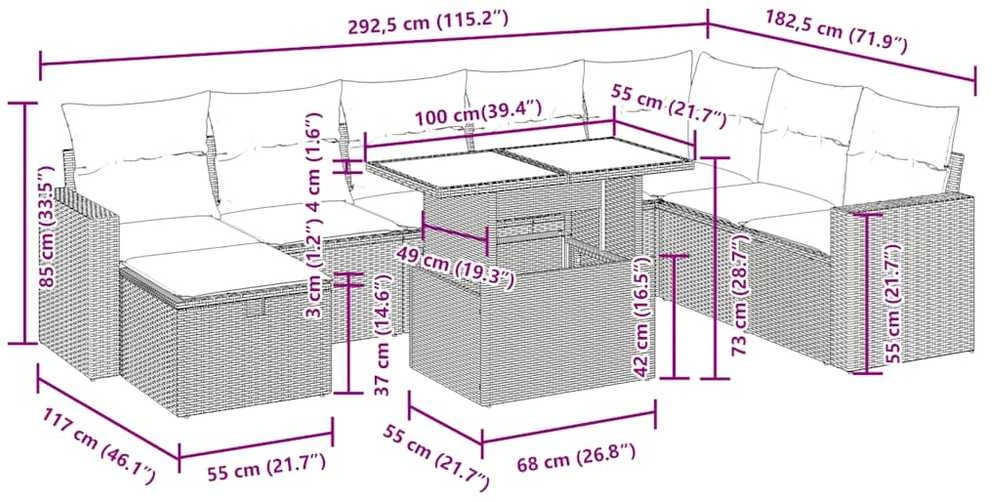 Lauko baldų komplektas Sofos komplektas su pagalvėlėmis, 9 dalių, pilkas, poliratanas