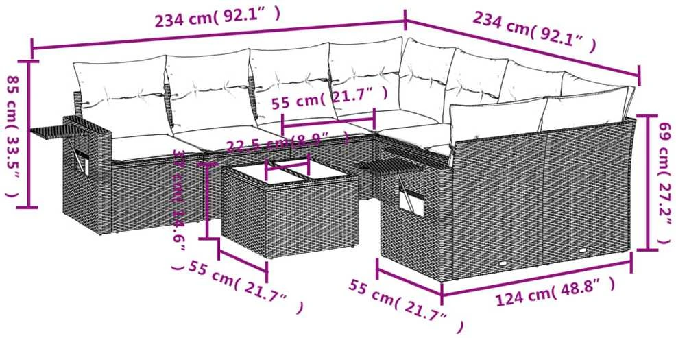 Sofa Sofos komplektas su pagalvėlėmis, 9 dalių, pilkas, poliratanas