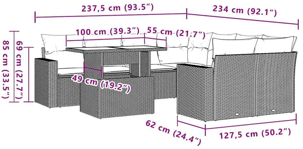Sofa Sofos komplektas su pagalvėlėmis, 9 dalių, pilkas, poliratanas