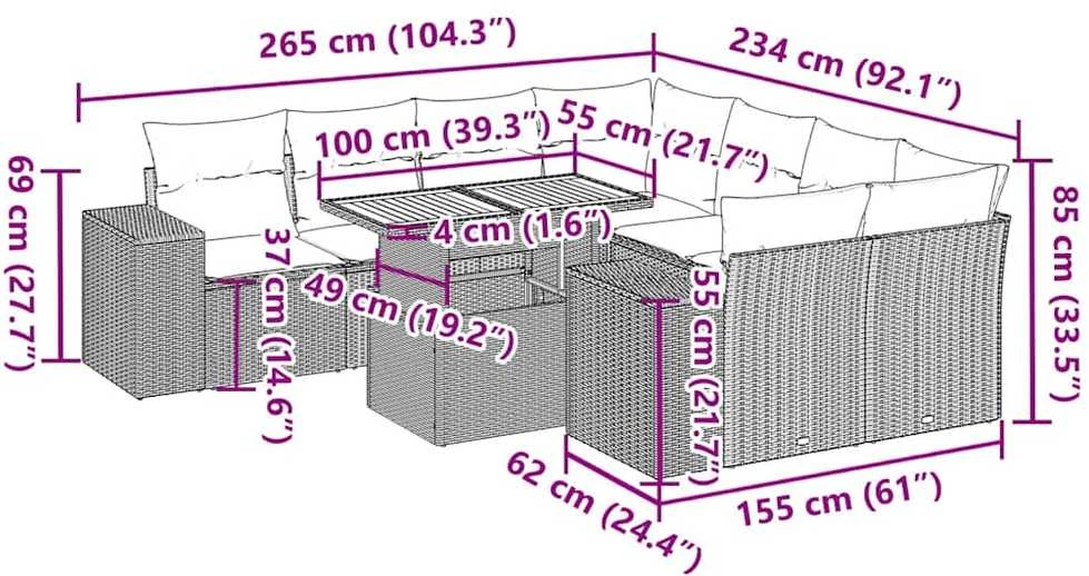 Lauko baldų komplektas Sofos komplektas su pagalvėlėmis, 9 dalių, pilkas, poliratanas