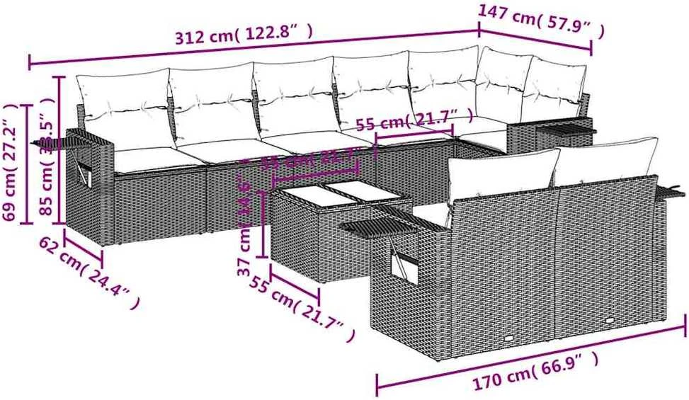 Lauko baldų komplektas Sofos komplektas su pagalvėlėmis, 9 dalių, pilkas, poliratanas