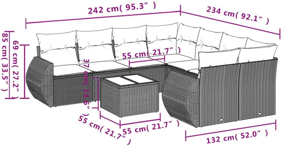 Lauko baldų komplektas Sofos komplektas su pagalvėlėmis, 9 dalių, pilkas, poliratanas